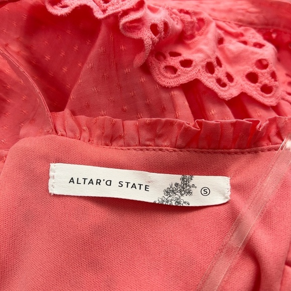 ALTAR'D STATE Dress Tiered Ruffled Ruched Pinafore Back Tie Bow Peach Coral NWOT - Picture 14 of 16